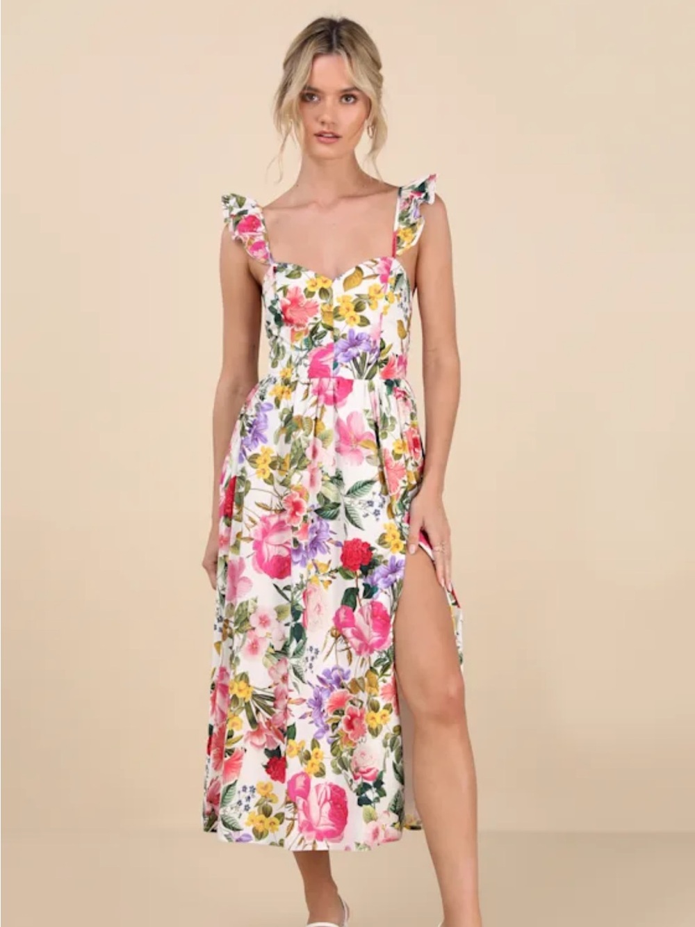 Lulus Melodie White Multi Floral Ruffled Midi Dress